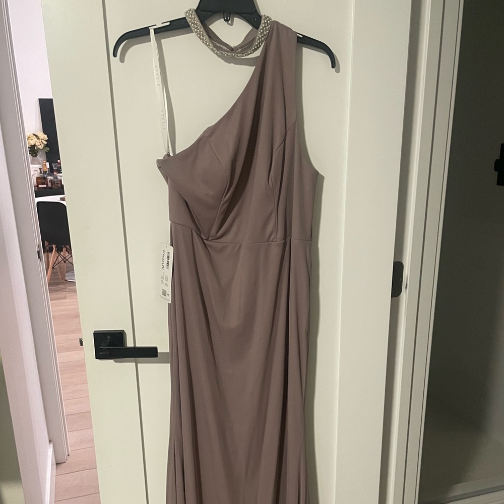 Mauve Long Azazie One Shoulder Bridesmaid Dress with Choker Detail